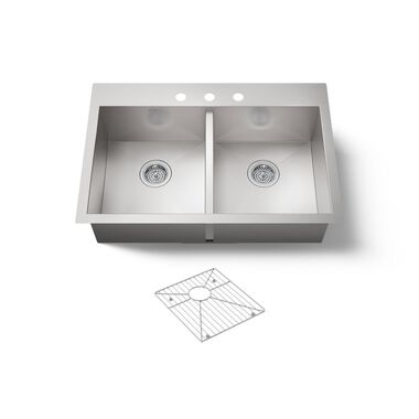 Tarja de dos tinas con tres orificios línea Vault en acero inoxidable